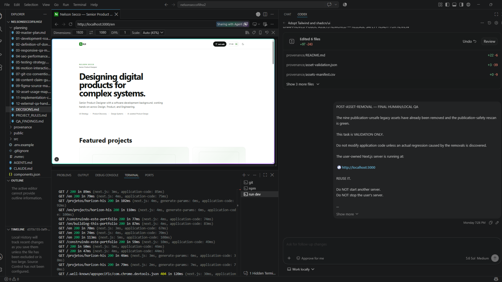 Workspace com VS Code, localhost, terminal e colaboração assistida por IA durante a construção do portfólio.