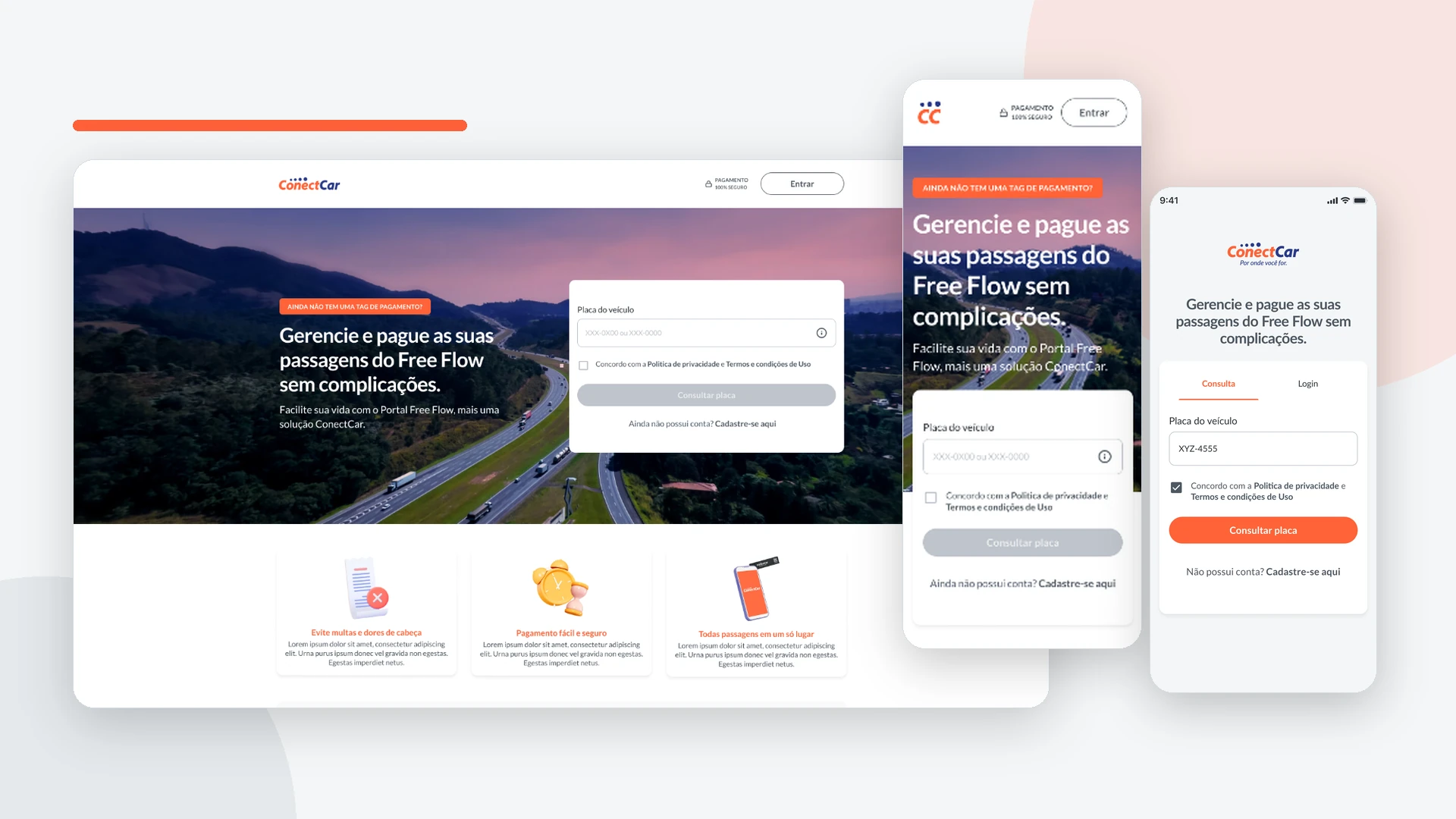 Representação editorial de estudos de componentes responsivos e referências de design system para ConnectCar / Freeflow.