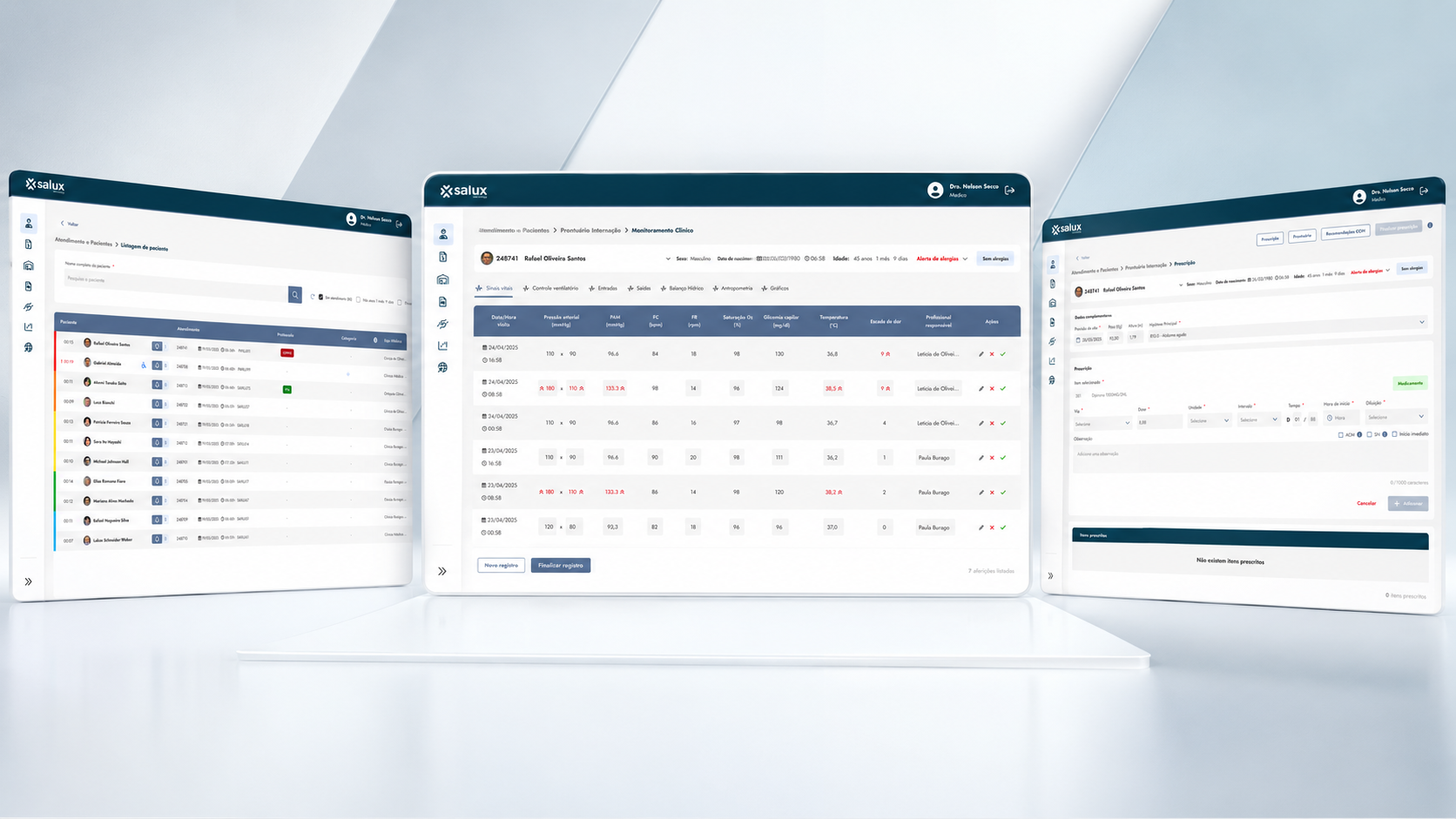 Composição editorial com a interface do protótipo HORIZON HIS em uma jornada clínica.